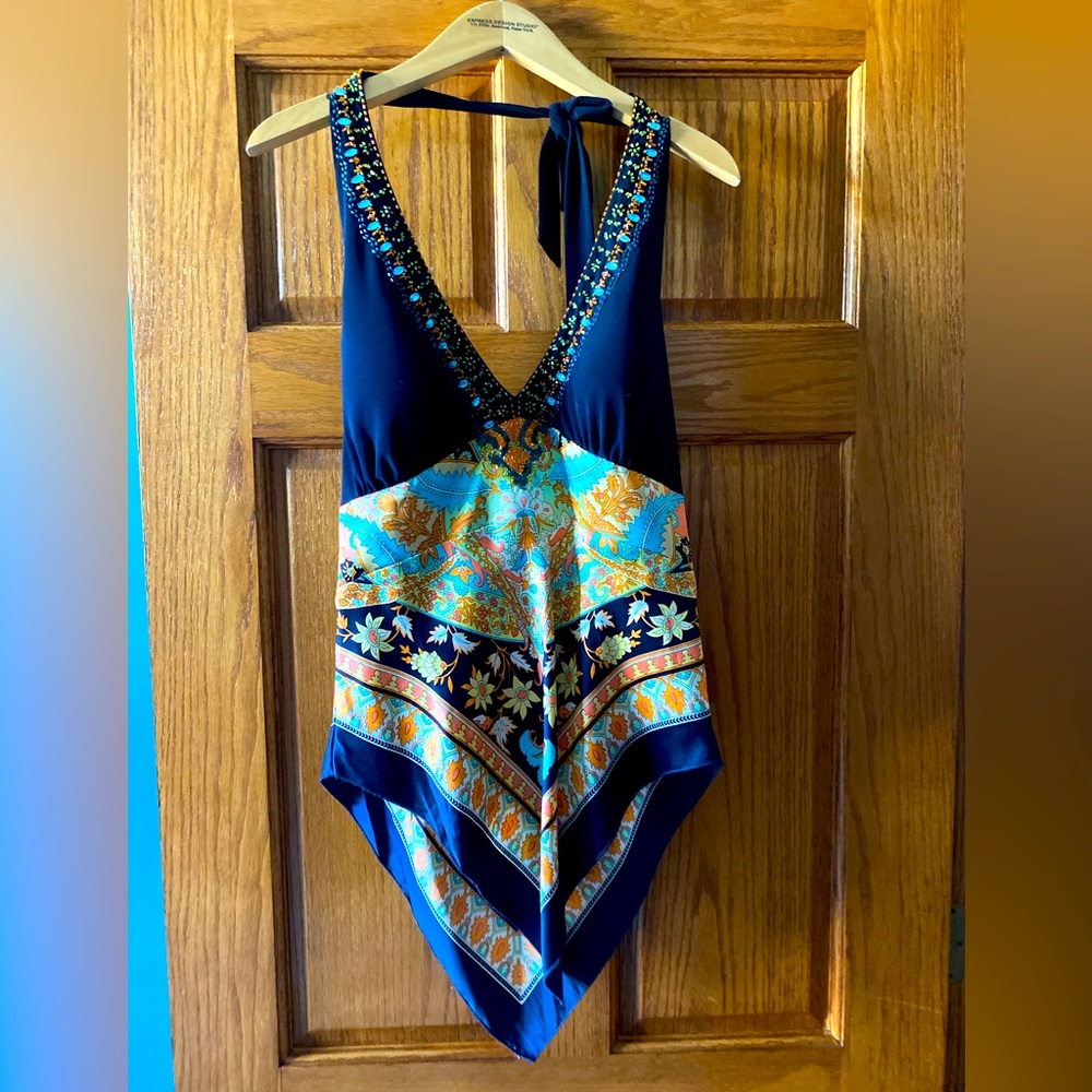 Beautiful beaded multi-color handkerchief halter top. Like New! Worn twice.